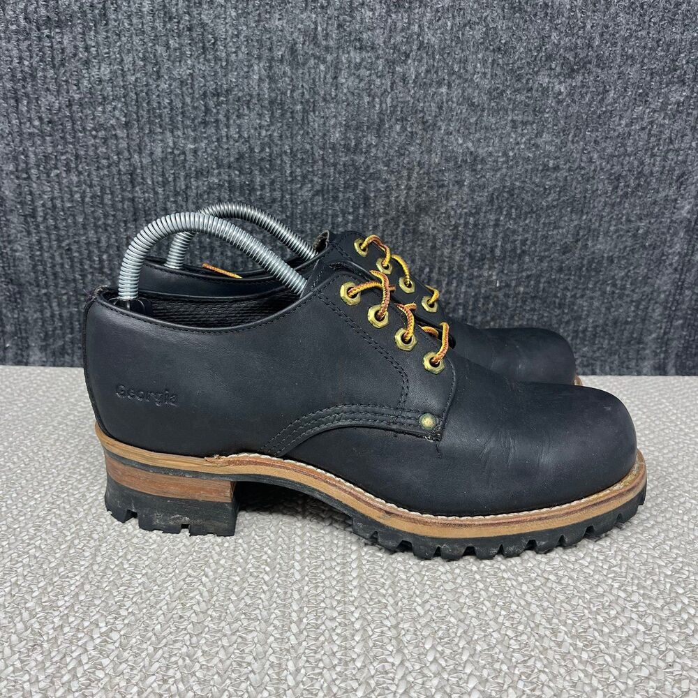 Georgia Logger Boot Shoes Heeled Black Leather Lace Up  Vibram Lug Sole Womens 9